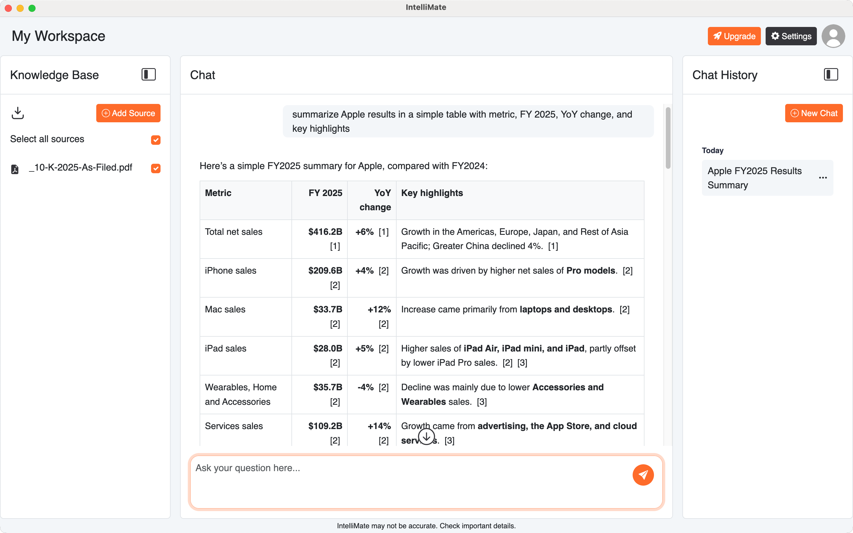 IntelliMate chat workspace with a first conversation