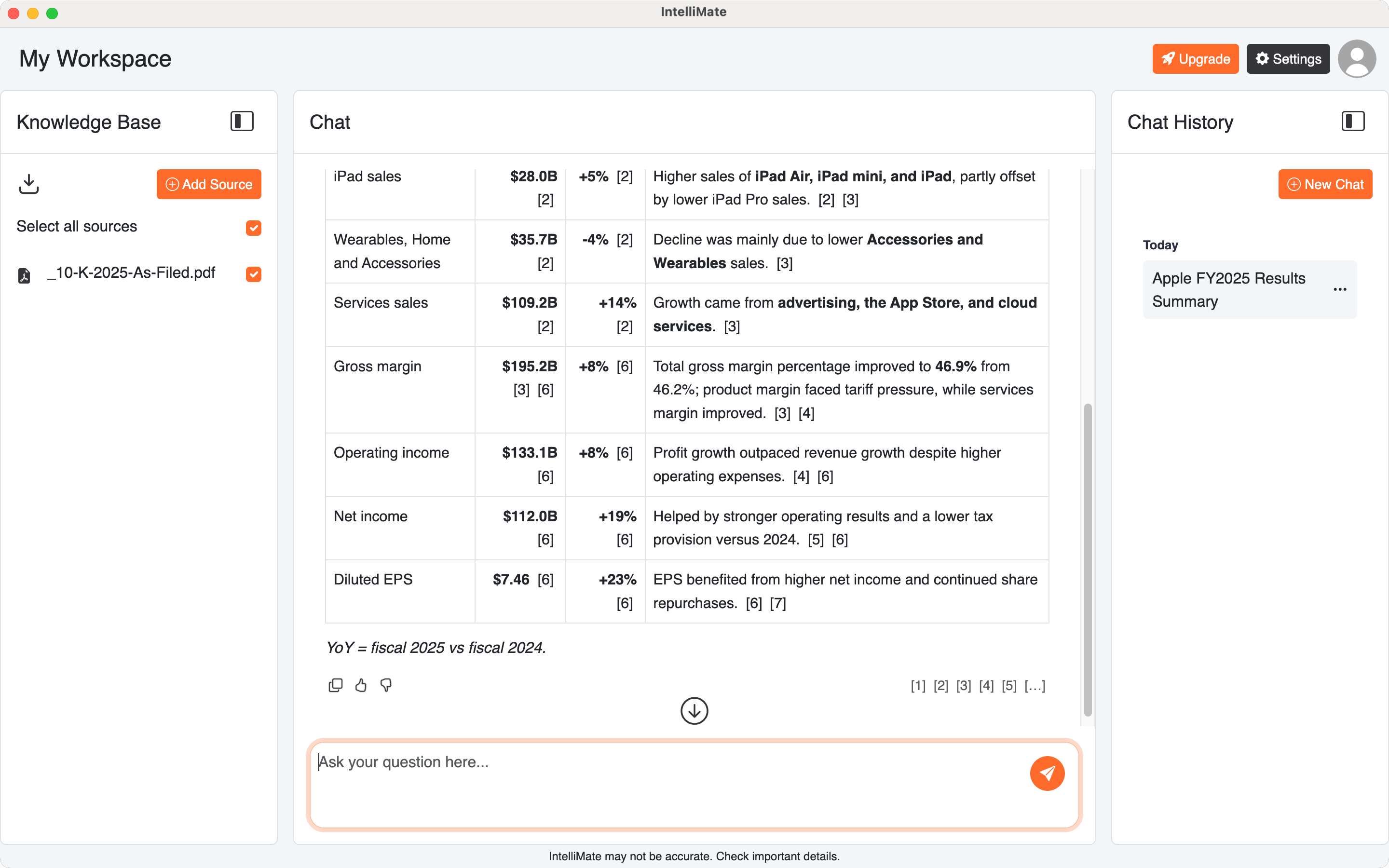 IntelliMate AI response with source references and feedback actions